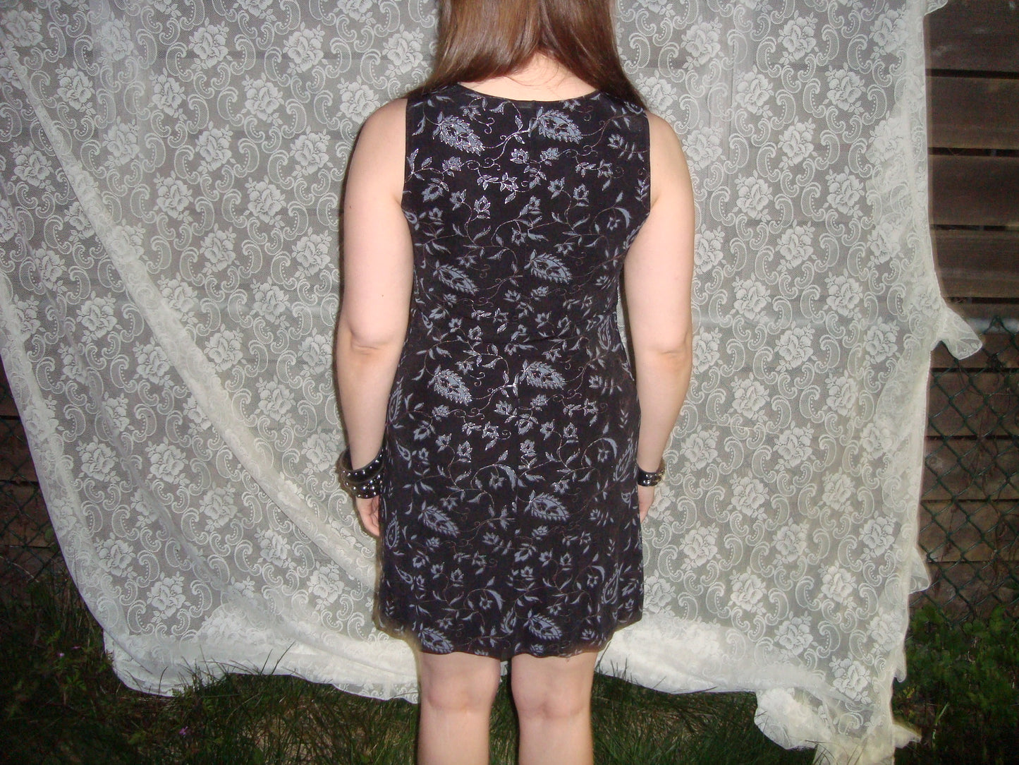 90s floral black n silver mini dress