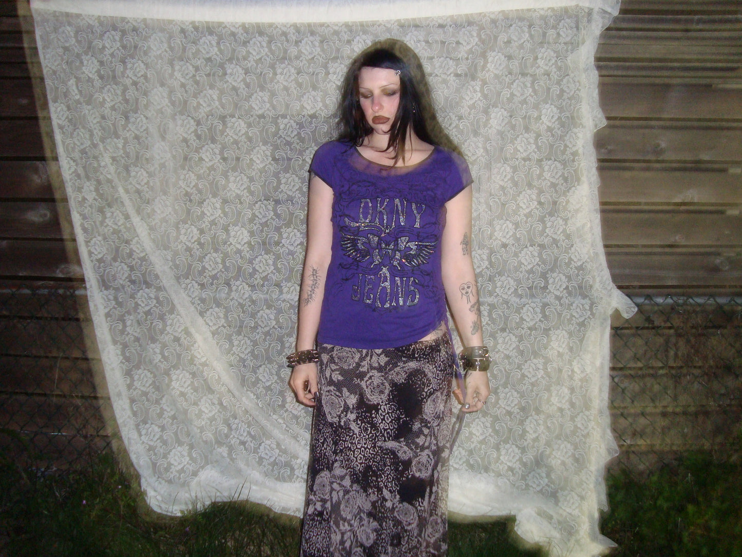 y2k purple DKNY sparkly tie up tshirt