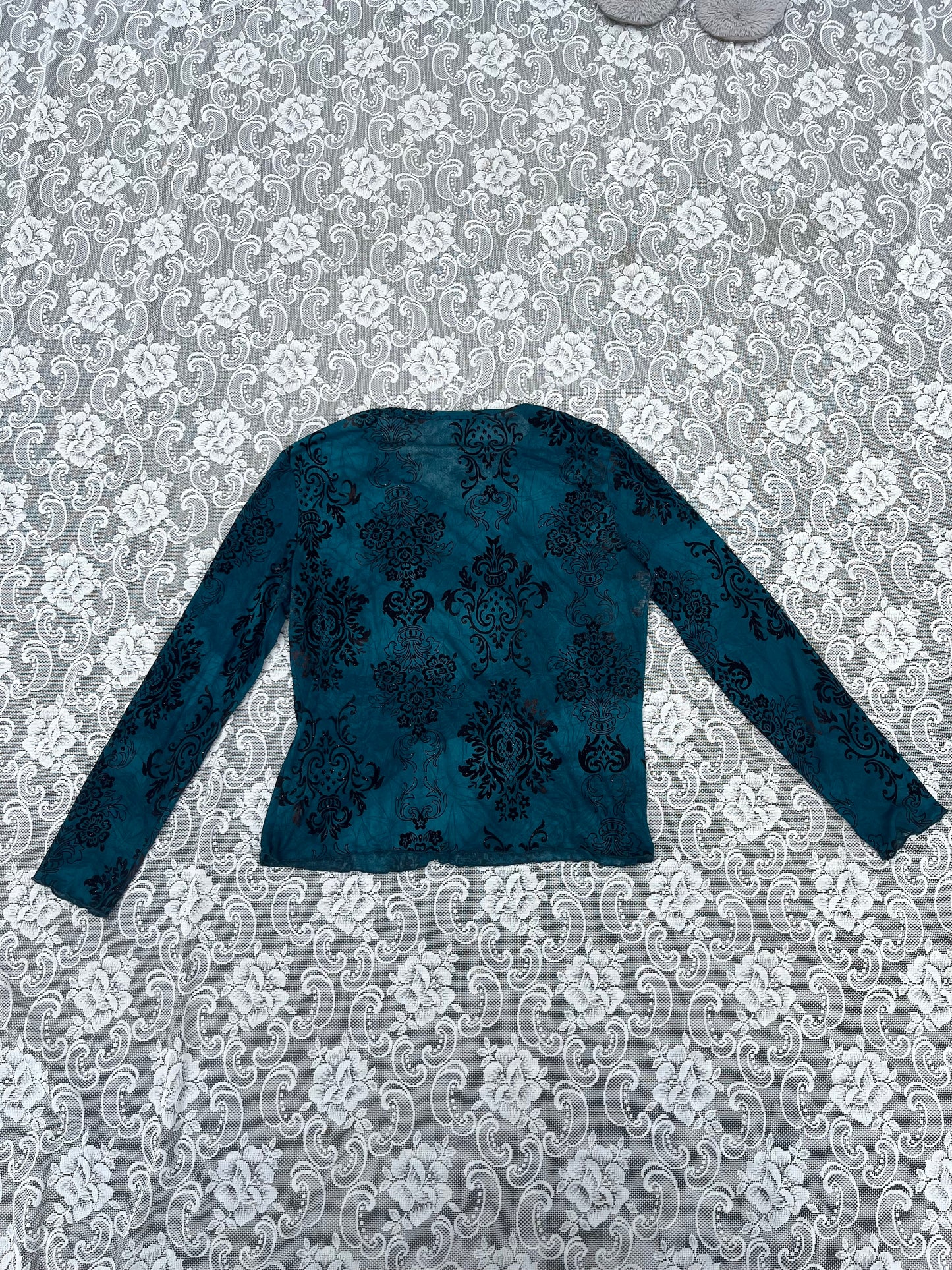 printed sparkly semi sheer teal long sleeve