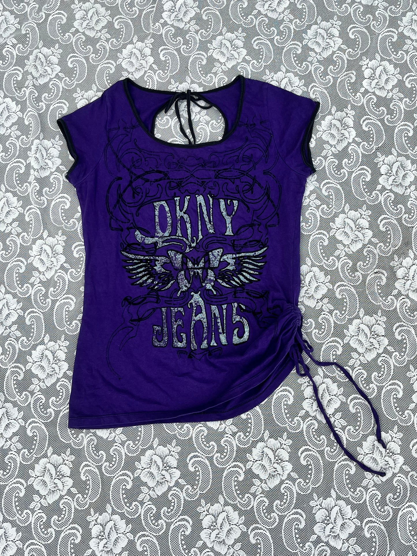 y2k purple DKNY sparkly tie up tshirt
