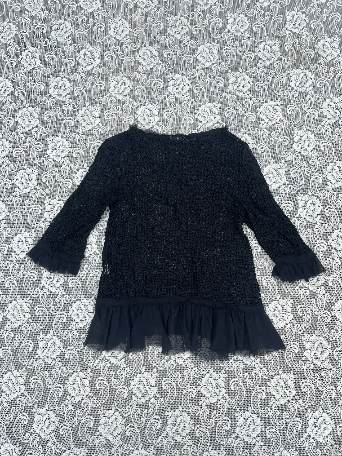 black loose knit mesh ruffle blouse