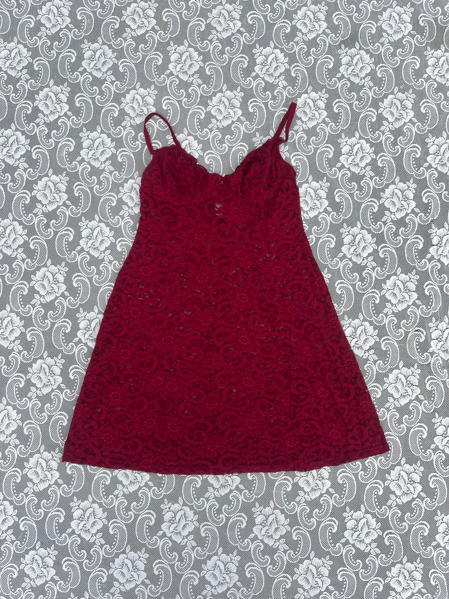 90s wine red lace sheer slip dress