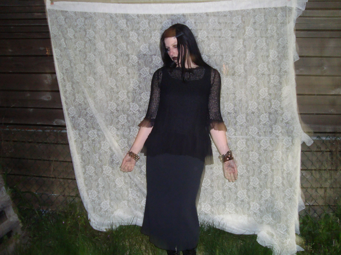 black loose knit mesh ruffle blouse