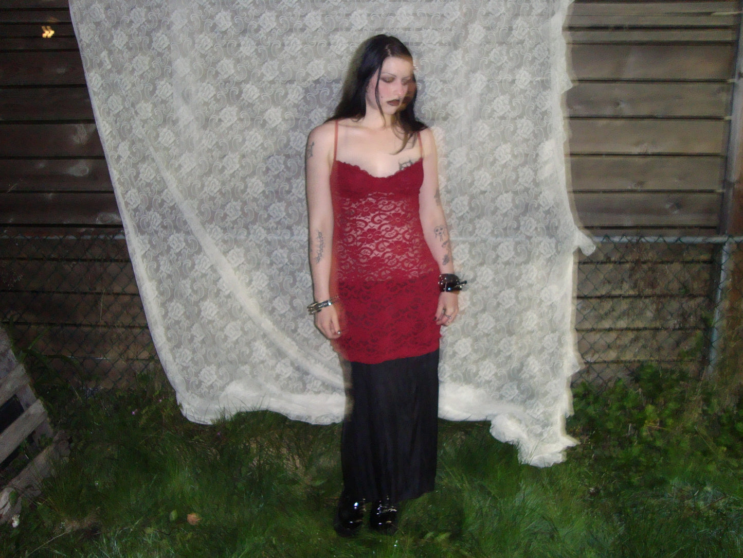 90s wine red lace sheer slip dress