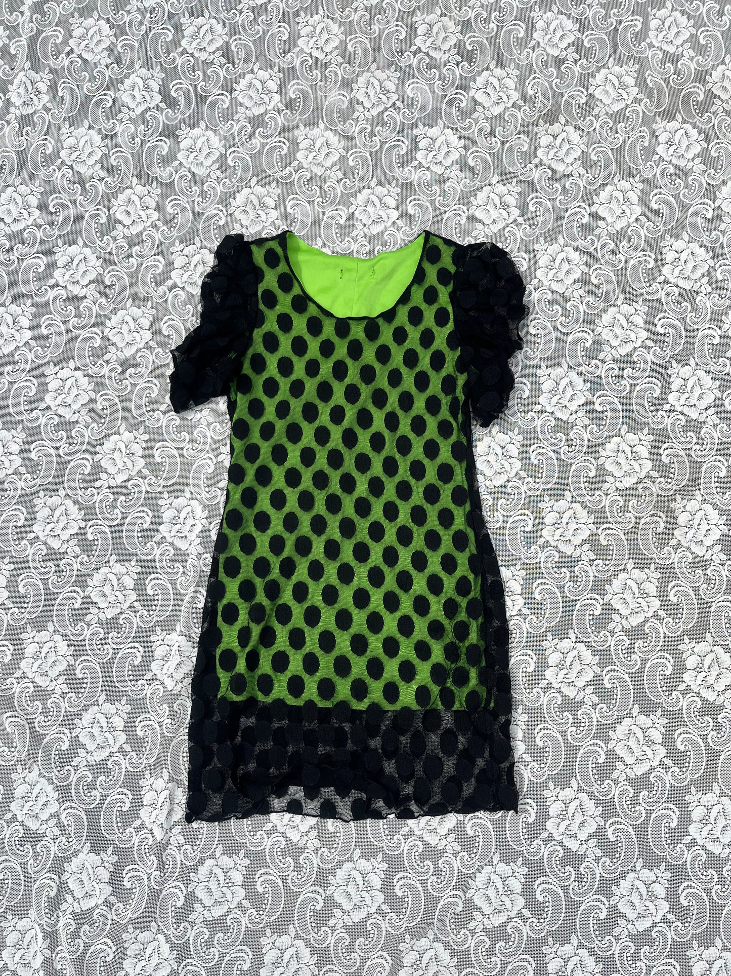 very short green n black polka dot mini dress