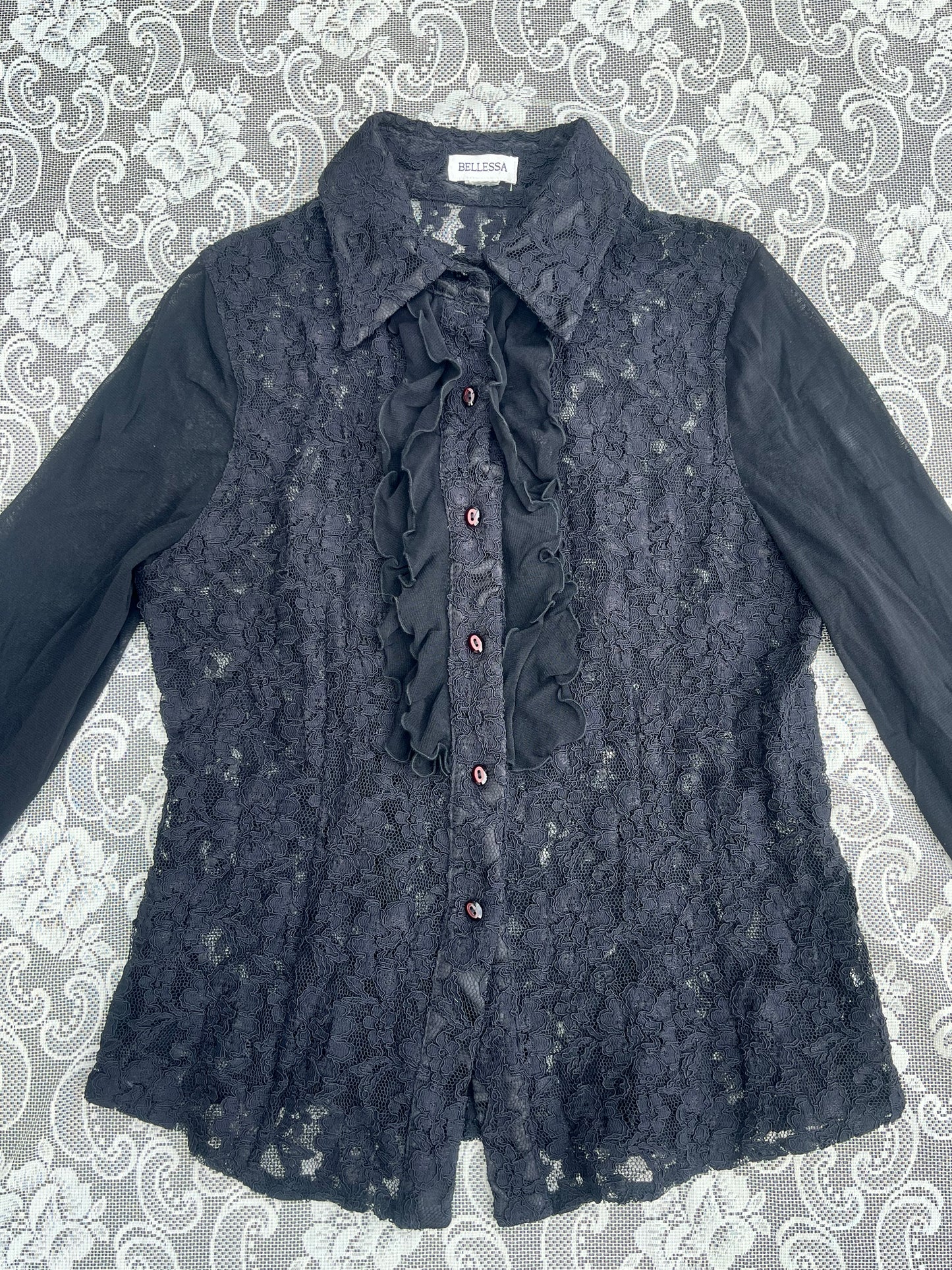 black lace collared button up w mesh sleeves