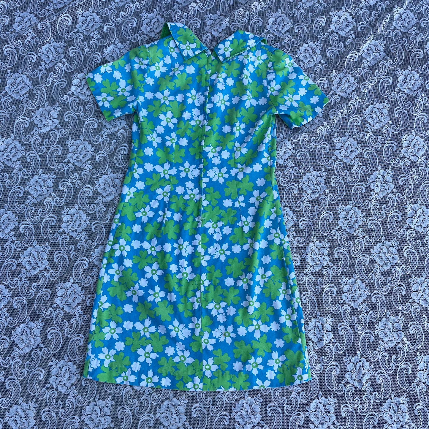 60s handmade blue n green hawaiian print collared dress