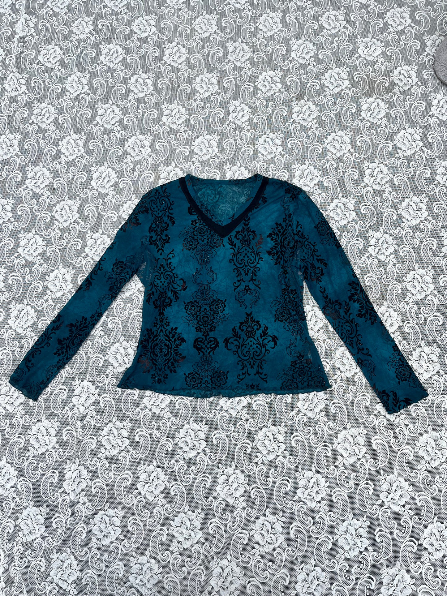 printed sparkly semi sheer teal long sleeve