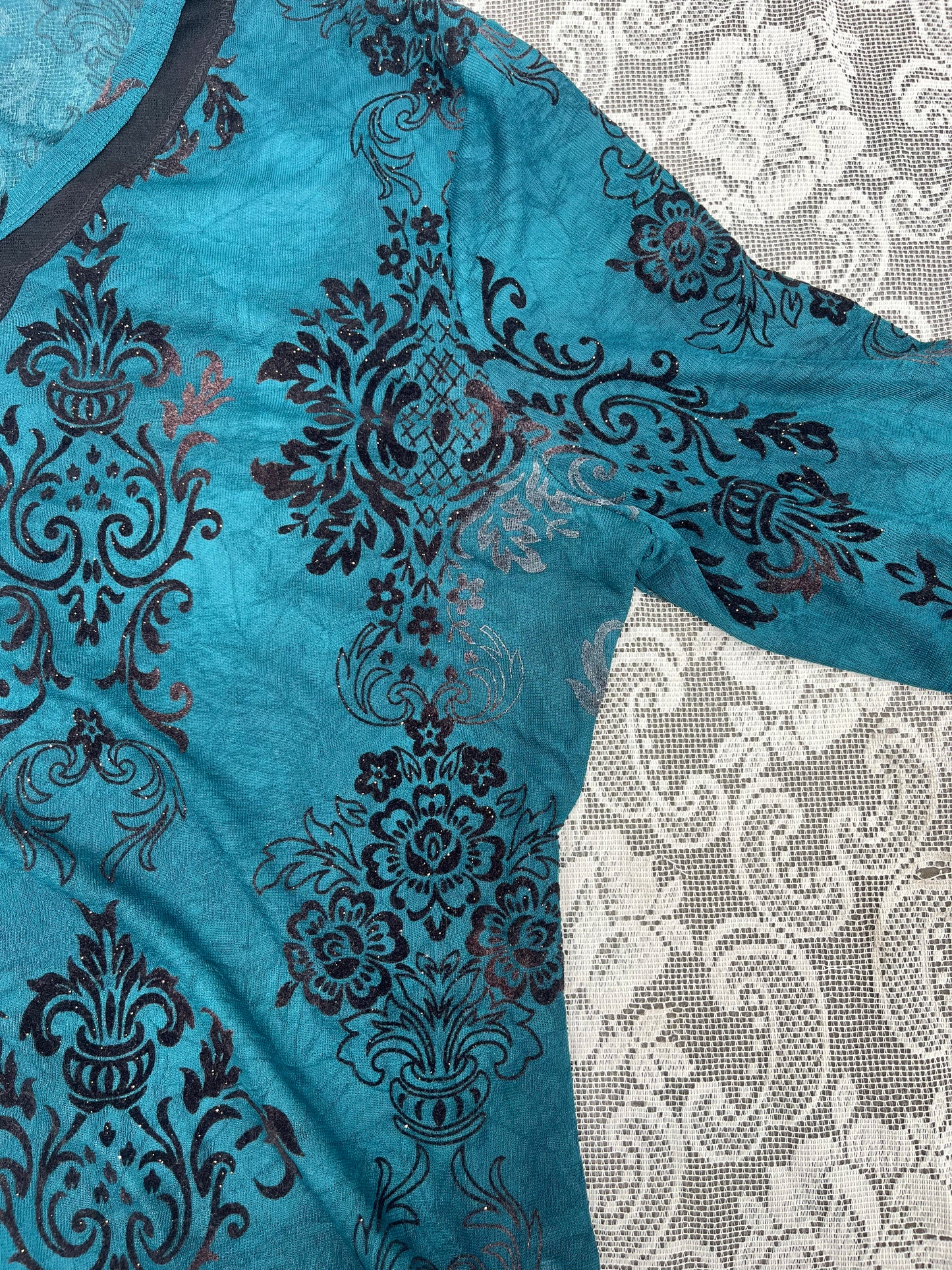 printed sparkly semi sheer teal long sleeve