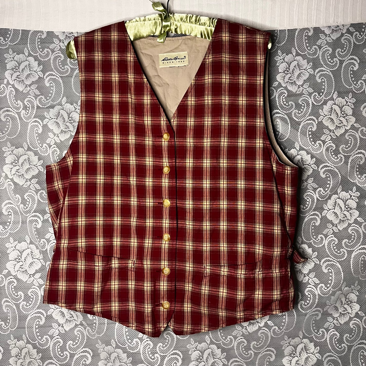 red and cream plaid vest