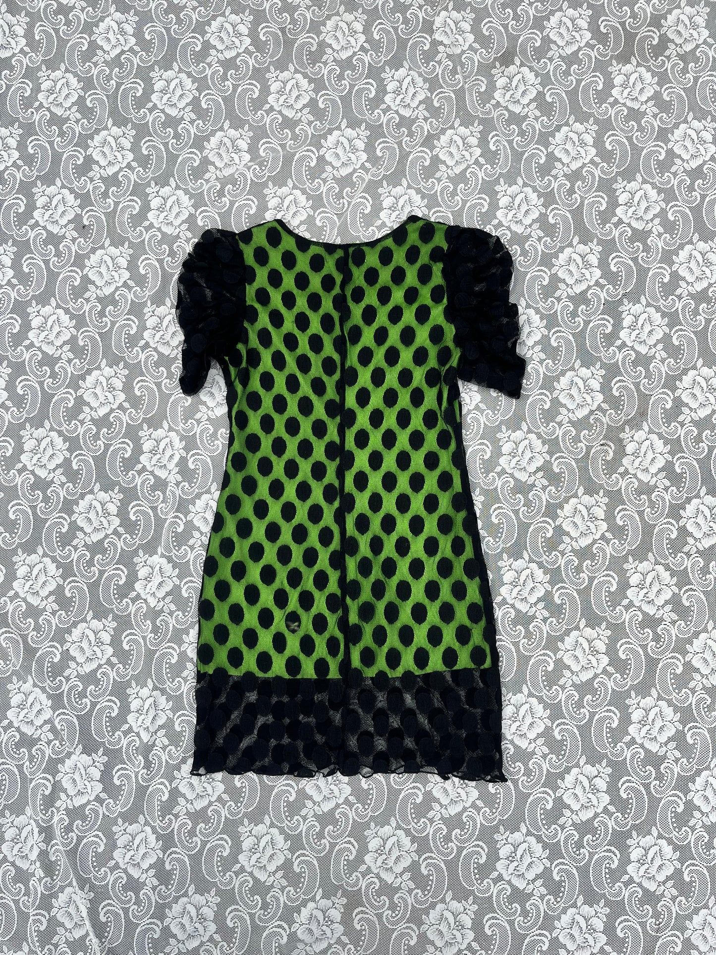 very short green n black polka dot mini dress