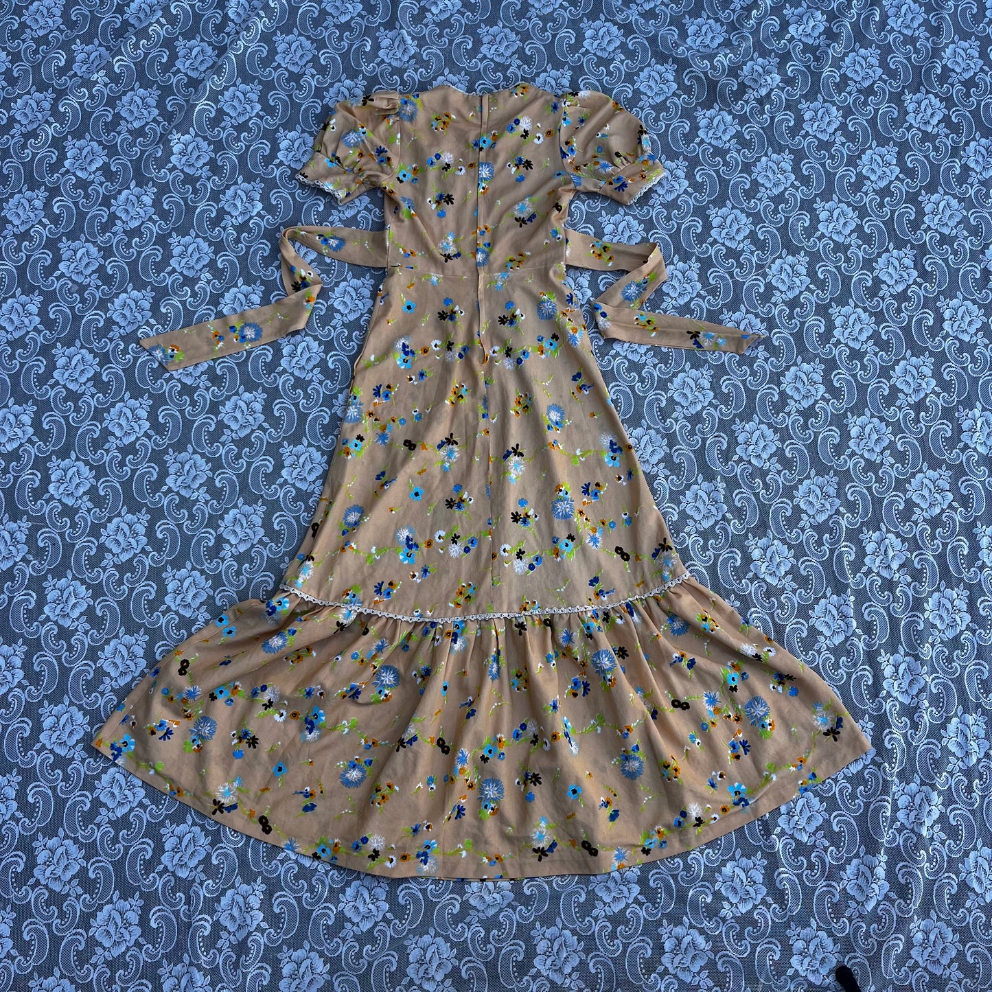 70s handmade pale orange floral prairie dress