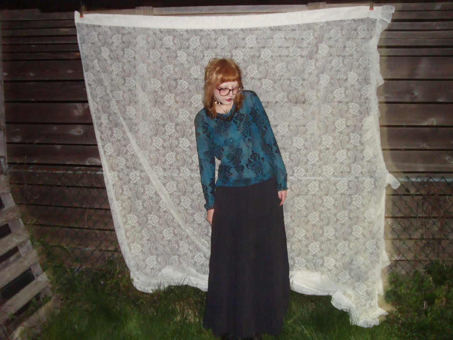 printed sparkly semi sheer teal long sleeve