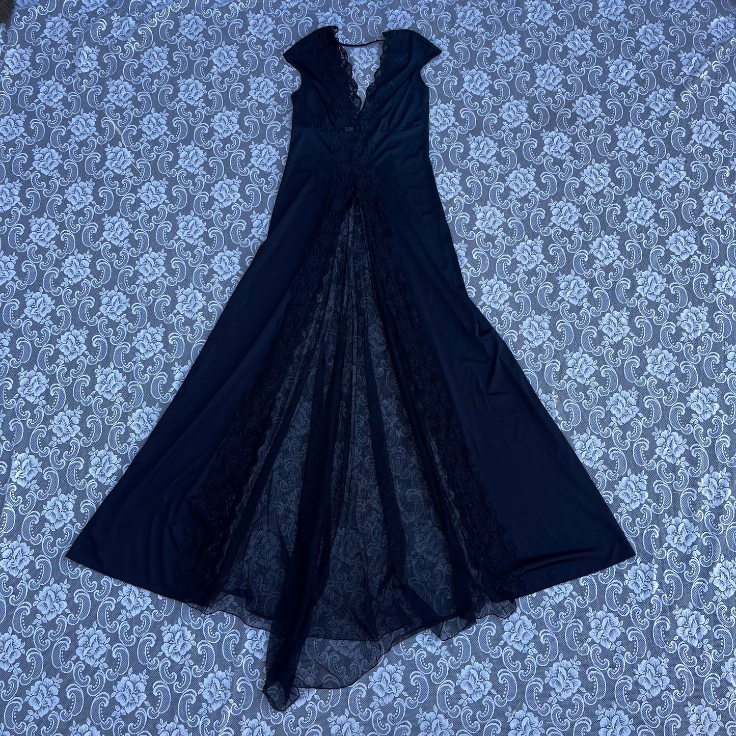 very long black sheer panel slip dress (as-is)