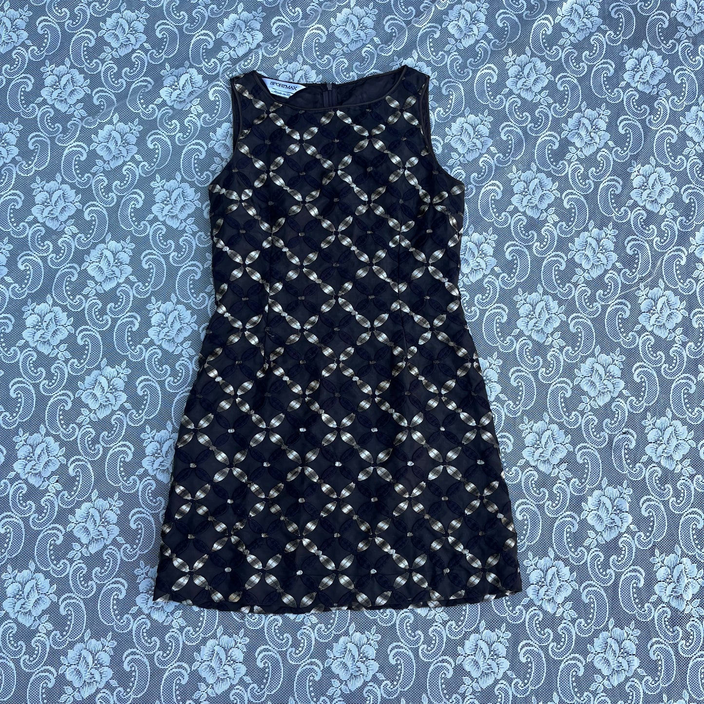 90s embroidered print brown mini dress