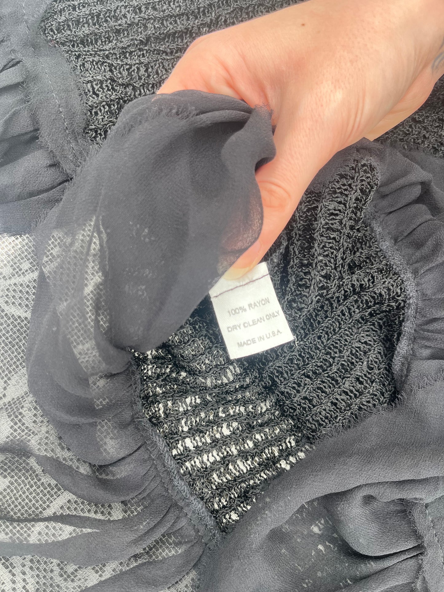 black loose knit mesh ruffle blouse