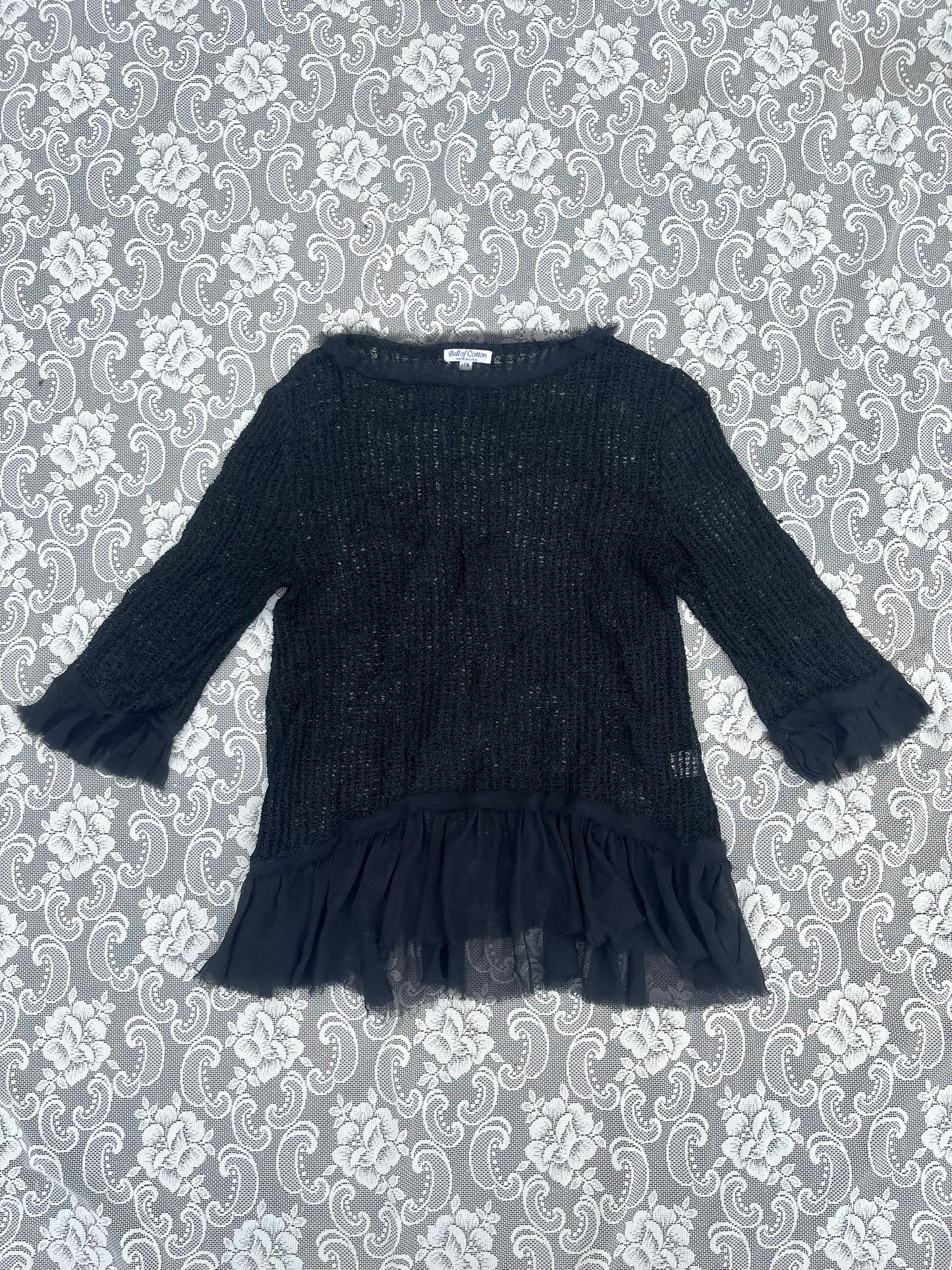black loose knit mesh ruffle blouse