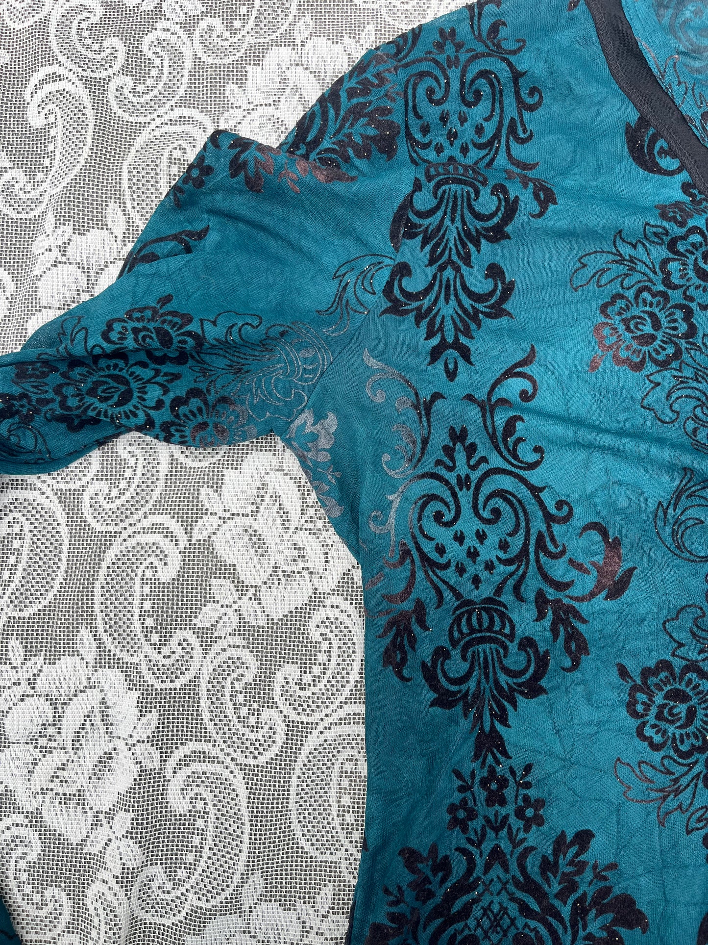 printed sparkly semi sheer teal long sleeve