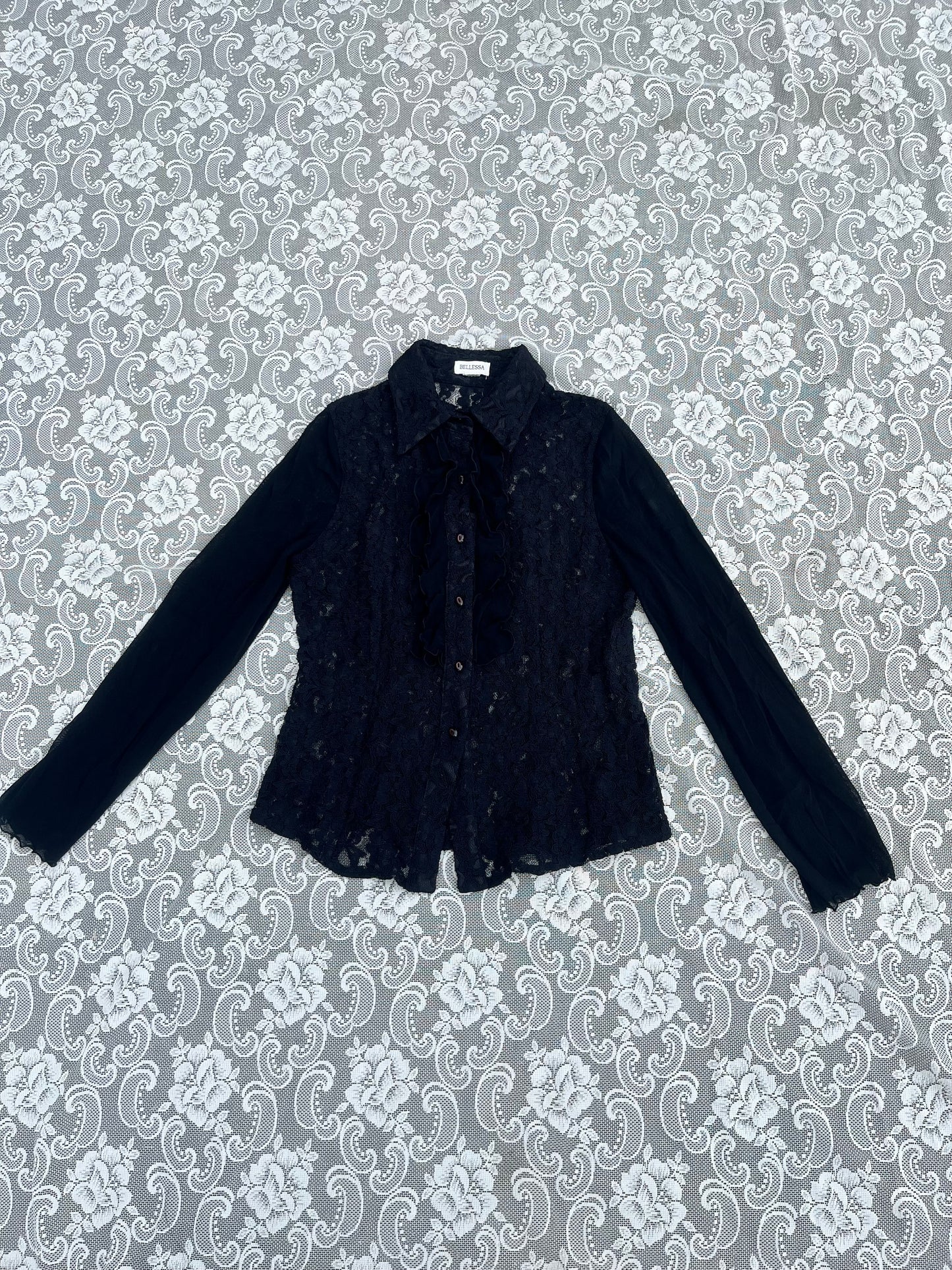 black lace collared button up w mesh sleeves