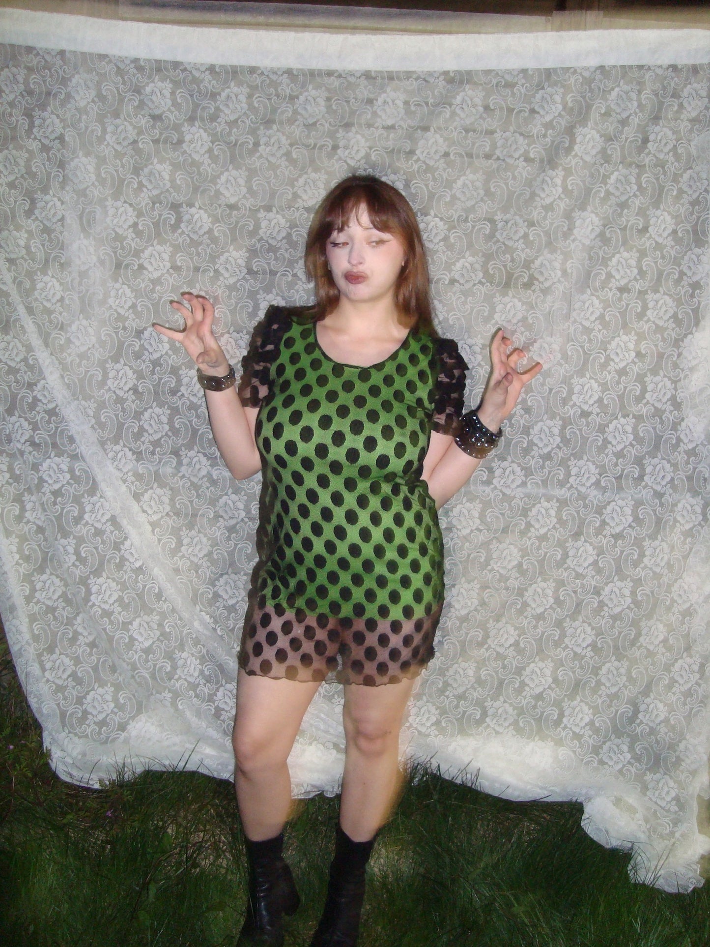 very short green n black polka dot mini dress