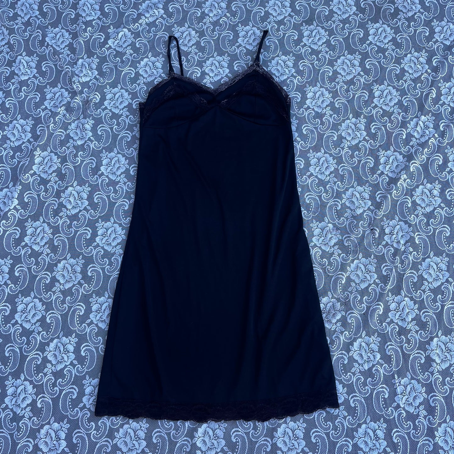 black slip dress w brownish lace trim