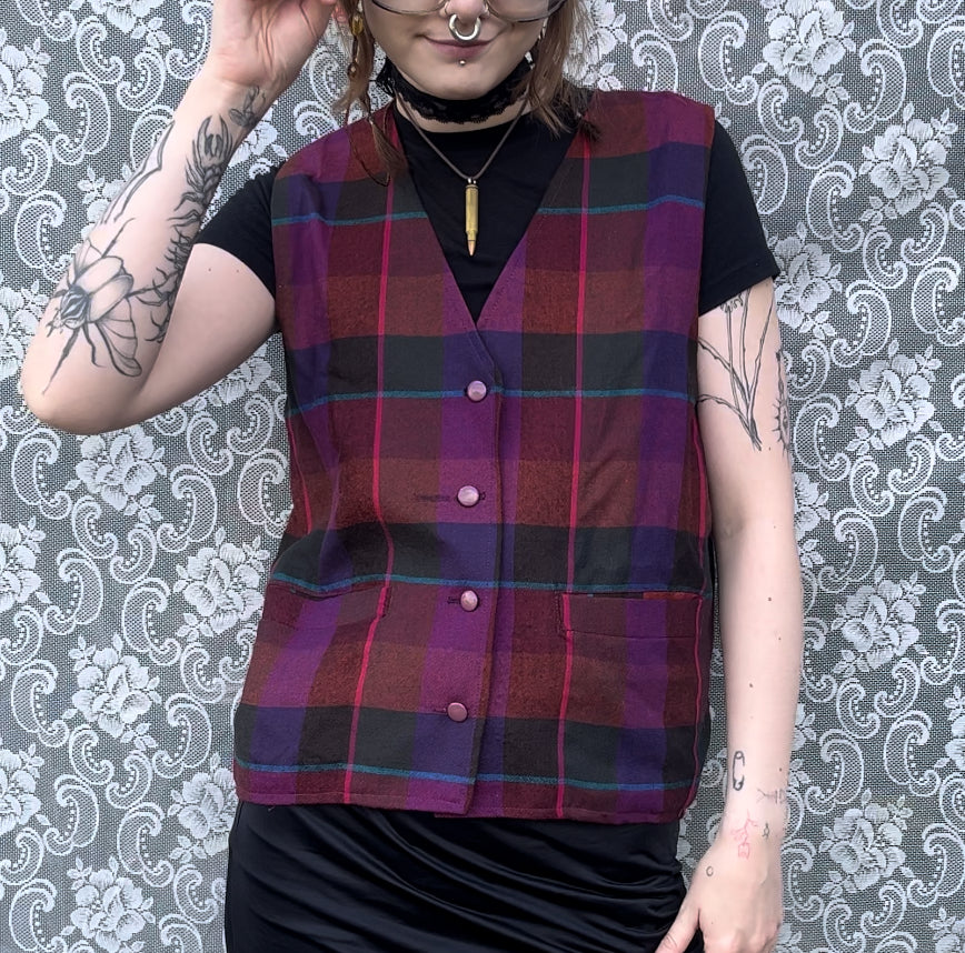 purple n pink n blue plaid vest