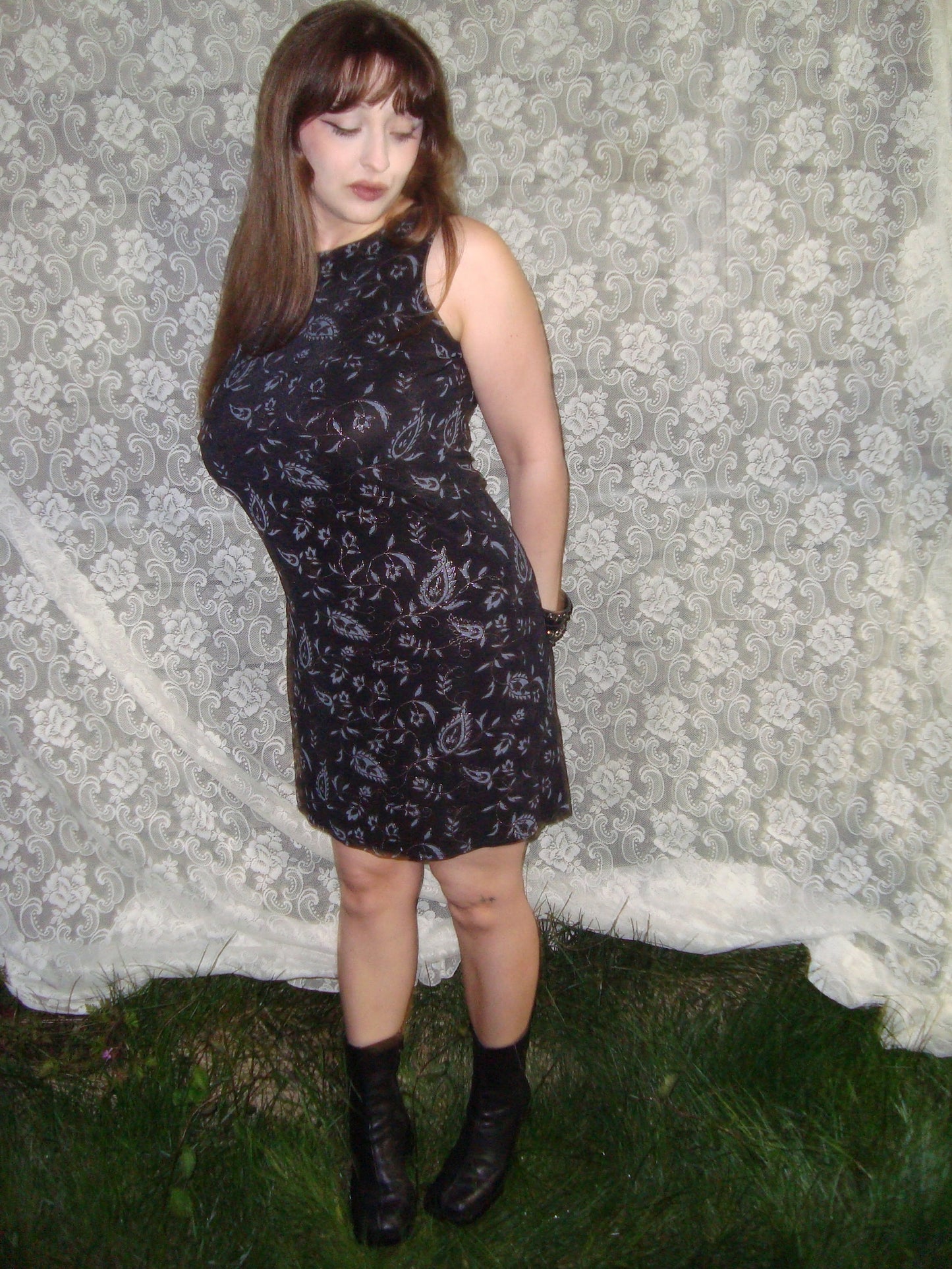 90s floral black n silver mini dress