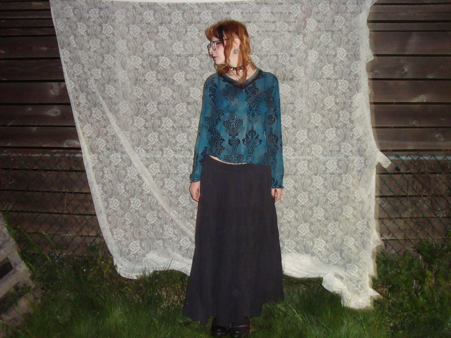 printed sparkly semi sheer teal long sleeve